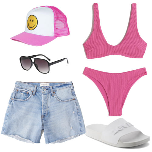 Chill Boat Day Outfit Idea: pink bikini, denim jean high rise shorts, pink trucker hat, retro aviator sunglasses and white slide sandals
