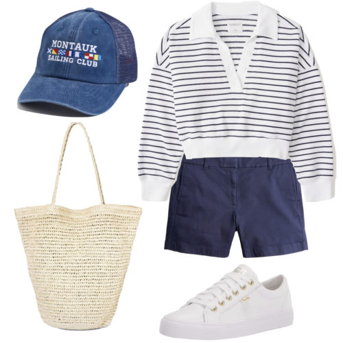 Classic Boat Outfit: striped collar sweatshirt, navy blue shorts, white low top sneakers, a blue baseball cap and a straw tote bag