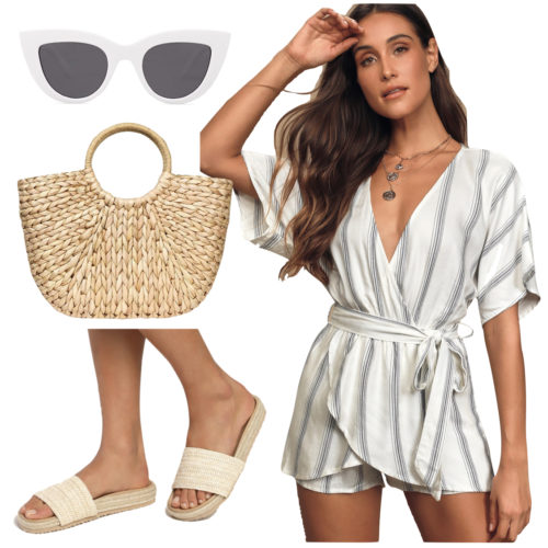 Cute Boat Outfit: striped romper, white cat eye sunglasses, straw bag, and espadrille slide sandals