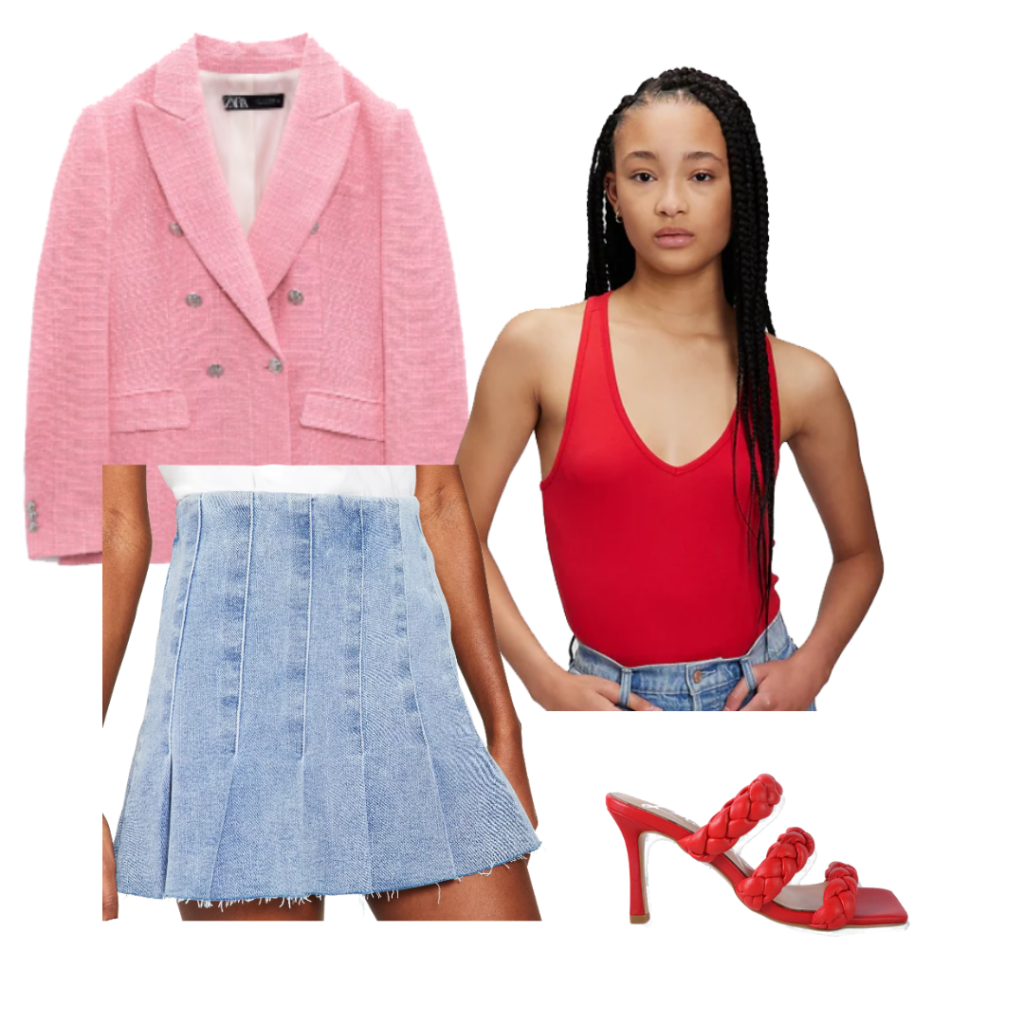 Double breasted blazer outfit with pink tweed blazer, pleated denim skirt, red bodysuit, red heels