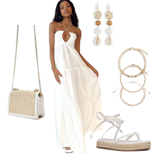 Dressy Boat Outfit: white long dress, white low espadrilles 