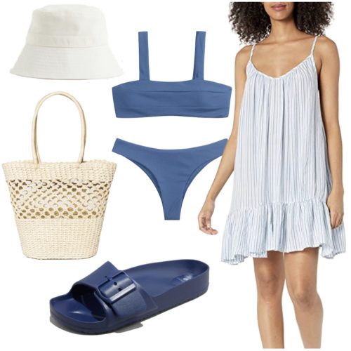 Effortless Boat Outfit: blue bikini set, white bucket hat, blue and white striped mini dress, straw basket bag and blue slide sandals