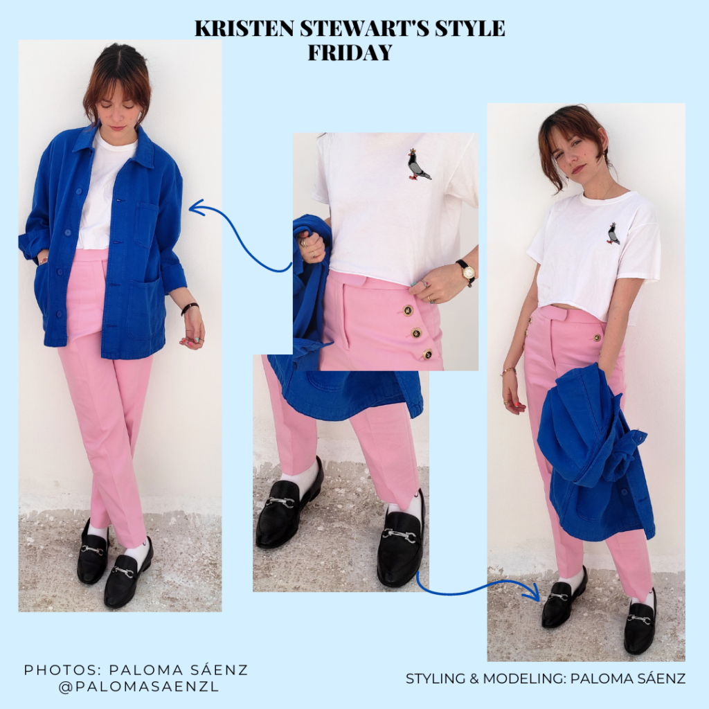 Kristen Stewart inspired outfit with pink pants, black loafers, white socks, cropped white t-shirt, and blue oversized shacket
