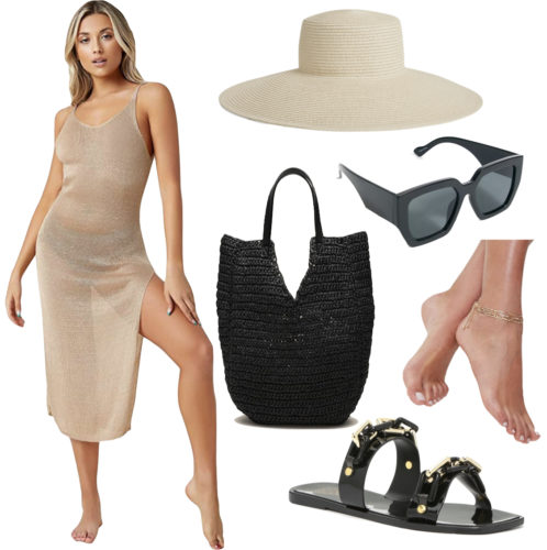 Glam Boat Outfit: cover up dress, straw wide brim hat, black sunglasses, straw tote bag, gold anklet and black chainlink sandals