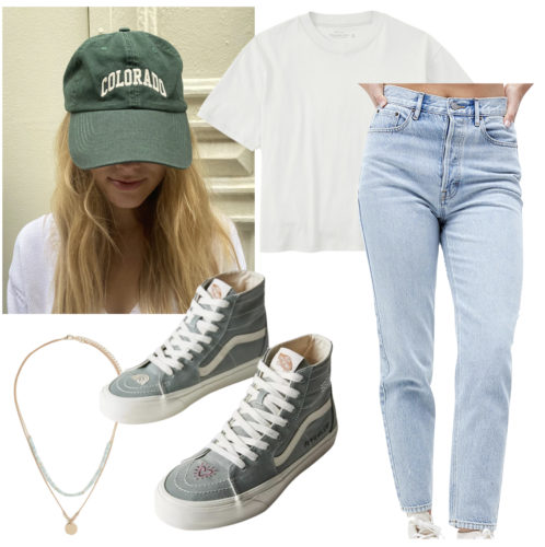 Girlfriend jeans outfit with white t-shirt, high top sneakers, layered necklaces, baseball hat