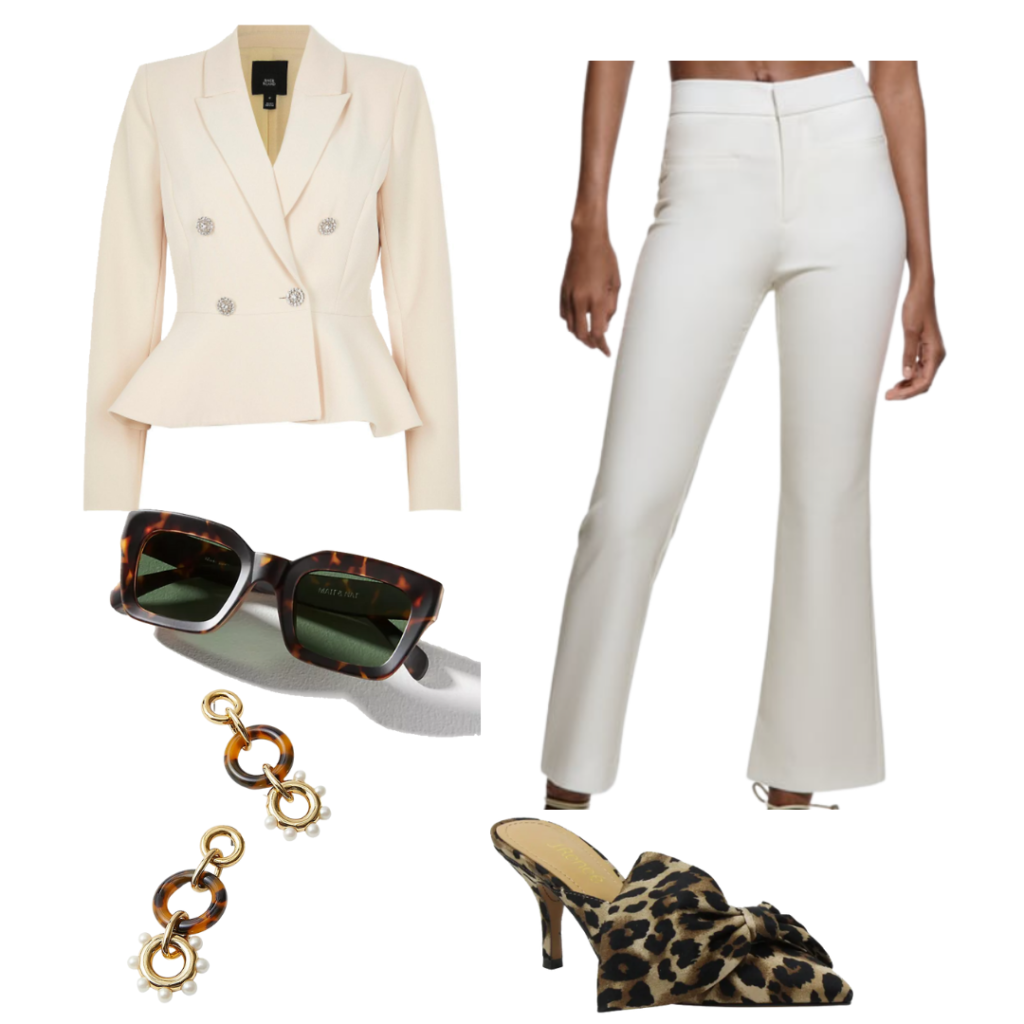 Peplum blazer outfit with cream pants, cream peplum blazer, leopard heels, tortoiseshell sunglasses, dangle earrings