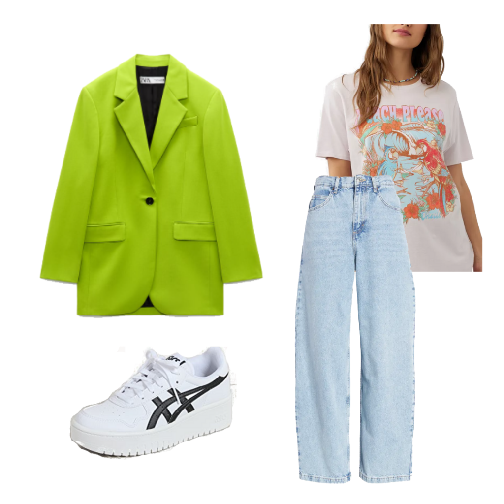 Blazer outfit for women with single breasted green blazer, wide leg light wash jeans, graphic t-shirt, chunky platform sneakers
