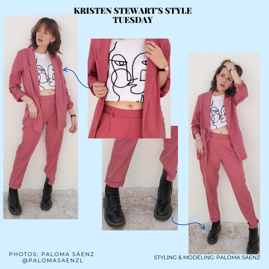 Pink suit outfit inspired by Kristen Stewart's style with graphic tee and combat boots