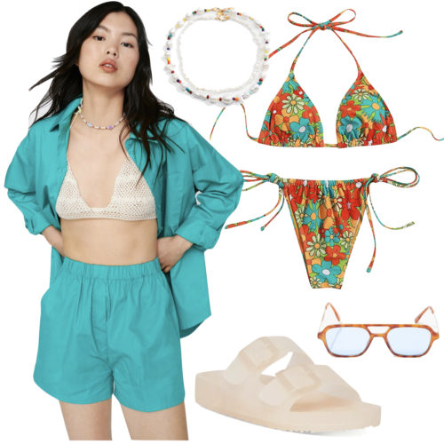 Trendy Boat Outfit: poplin shorts and shirt set, beaded pearl necklaces, floral print bikini, and jelly footbed sandals