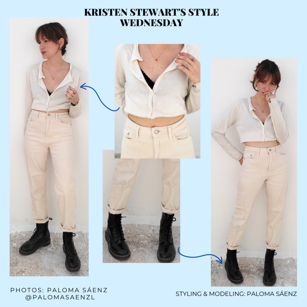 Outfit inspired by Kristen Stewart's style with cream jeans, black combat boots, cropped white button-down shirt, and black bralette