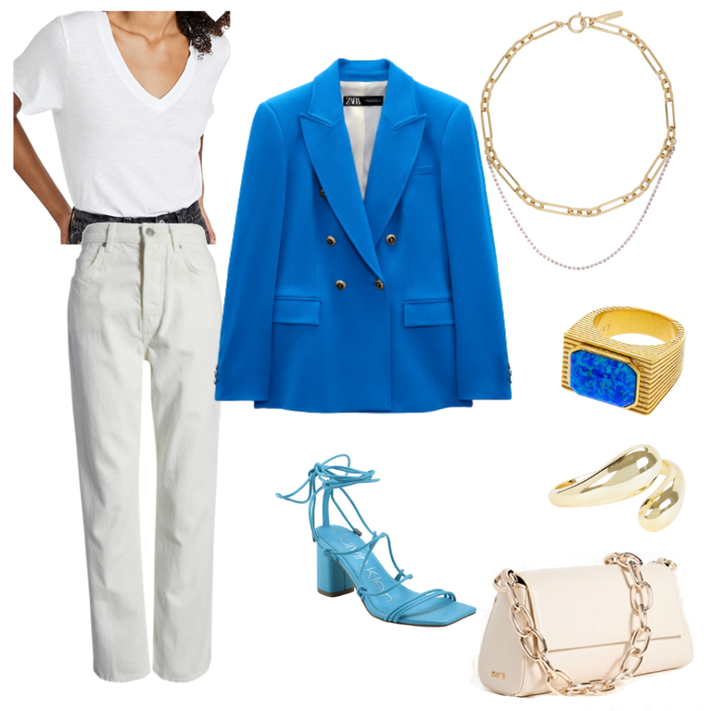 Oversized blue blazer outfit with white jeans, blue strappy heels, white v-neck shirt, cream bag, gold jewelry