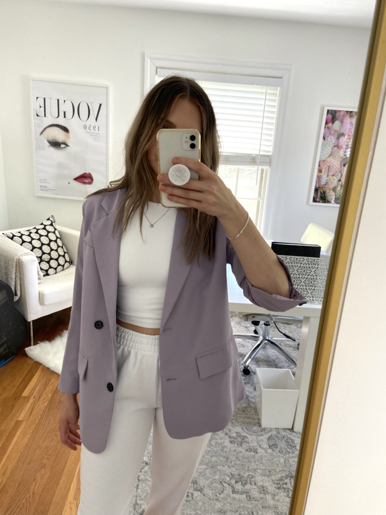 Lilac blazer from Chicwish paired with white joggers and white crop top