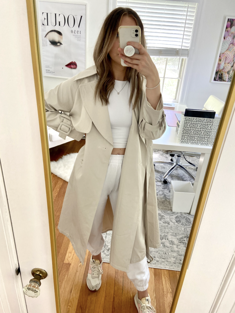 Wearing Chicwish mesh spliced trench and white joggers
