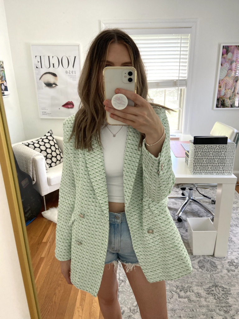 Chiciwish review 2022 – wearing green tweed oversized blazer with cutoff shorts and white crop top