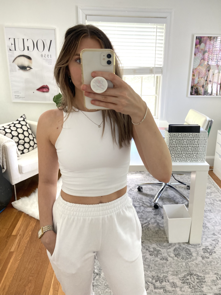 Wearing Chicwish white joggers in size S