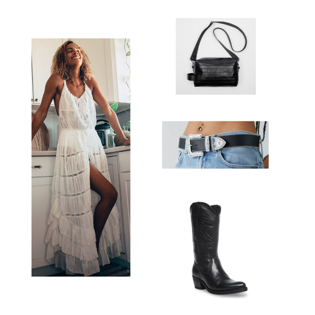 Bohemian music festival outfit with long white fringe dress, black cowboy boots, black belt, black crossbody bag