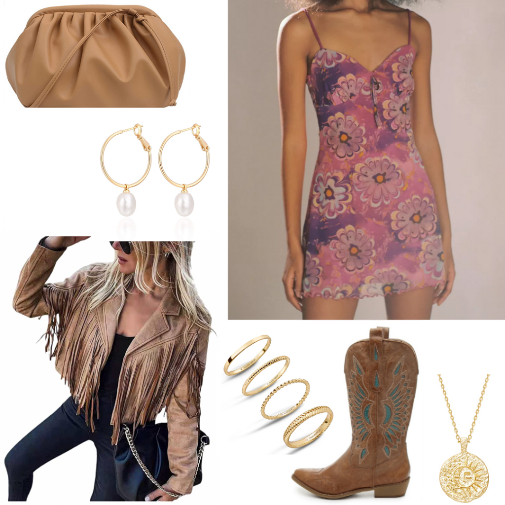 Nashville outfit for daytime: Suede fringe jacket, pink floral print mini dress, brown croissant pouch clutch, brown cowboy boots, gold jewelry