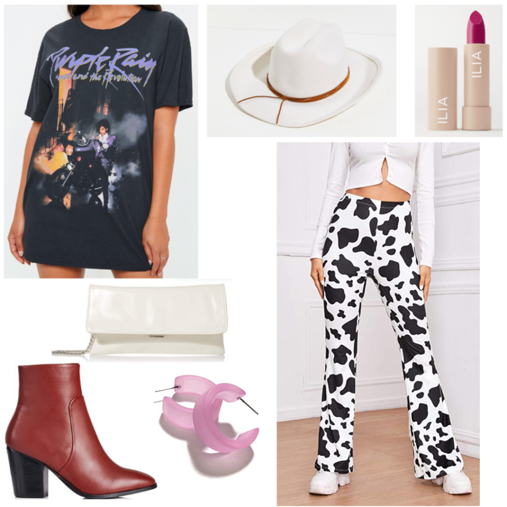 Nashville outfit idea: Cow print flare pants, oversized band tee, white cowboy hat, red lipstick, white patent leather envelope clutch, pink hoop earrings, maroon leather boots