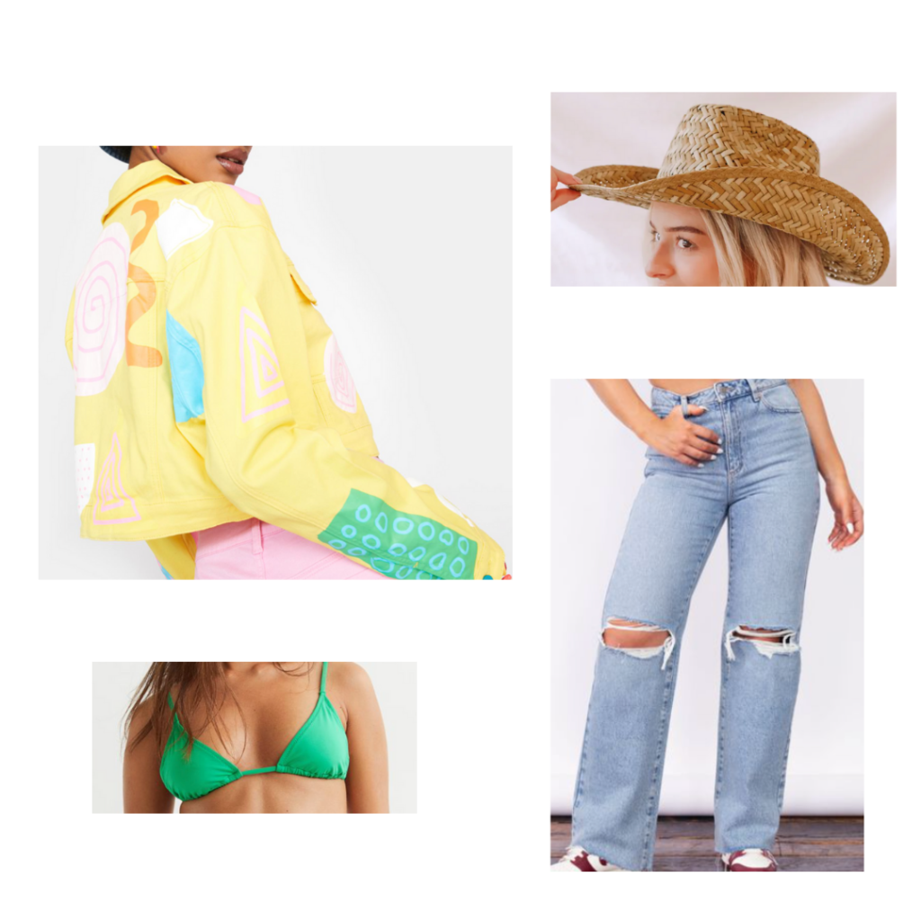 Music festival outfit with ripped wide leg jeans, green bikini top, colorful jacket, cowboy hat