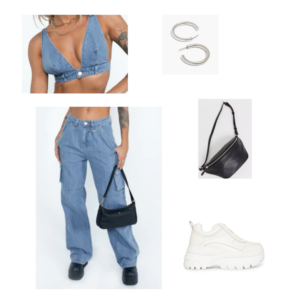 Baggy jeans and matching bralette outfit for a music festival with chunky white sneakers, crossbody bag, silver hoops