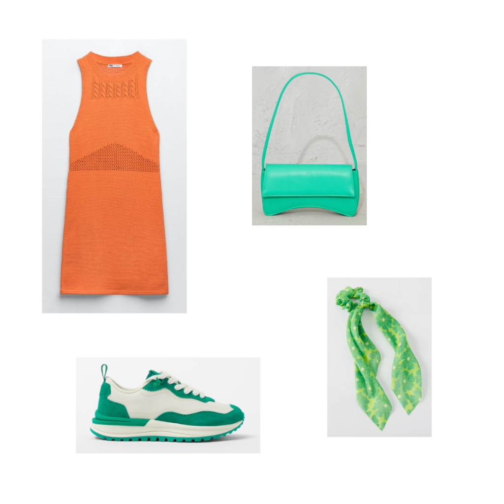 All neon music festival outfit idea with orange knit dress, green and white sneakers, green neon scarf, turquoise mini bag