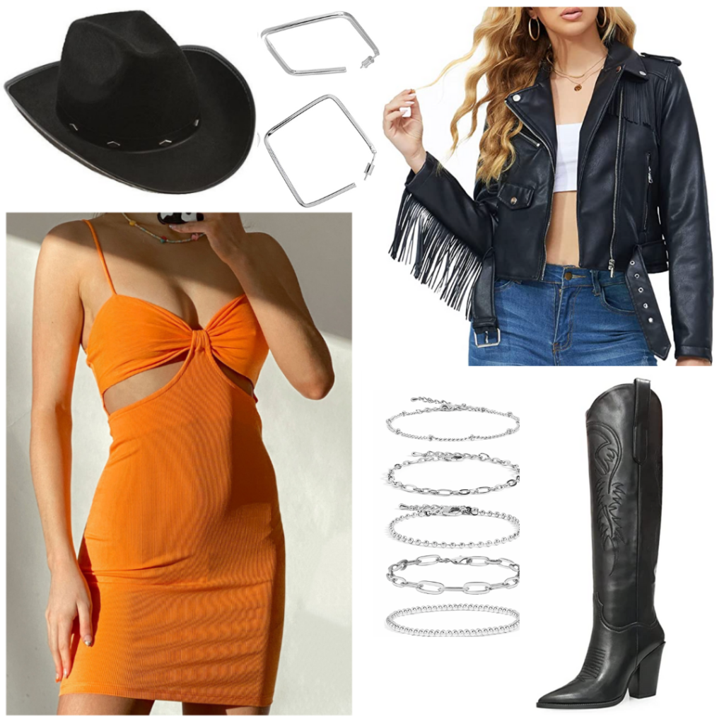What to wear in Nashville: Outfit idea with orange cutout mini dress, black fringe leather jacket, black cowboy boots, black cowboy hat, blue square earrings, and stacked bracelets