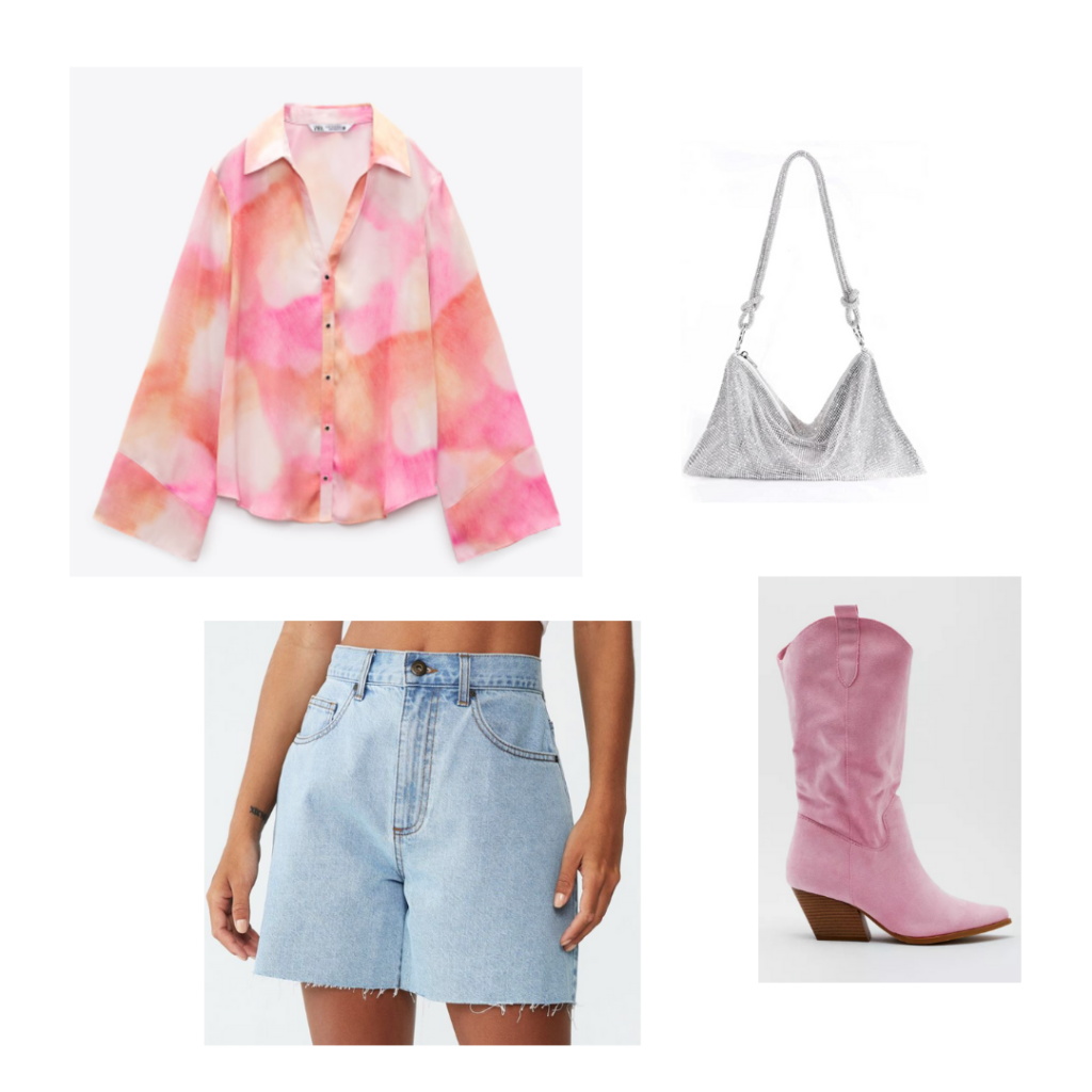 Music festival outfit with cutoff mom shorts, colorful button-down blouse, pink cowboy boots, silver mesh bag