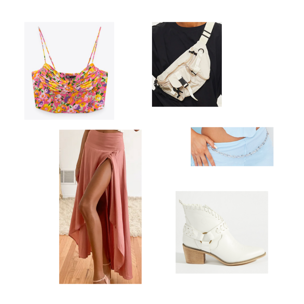 How to wear a long skirt to a music festival: Outfit with long pink high slit maxi skirt, floral crop top, white crossbody bag, heeled ankle boots, chain belt