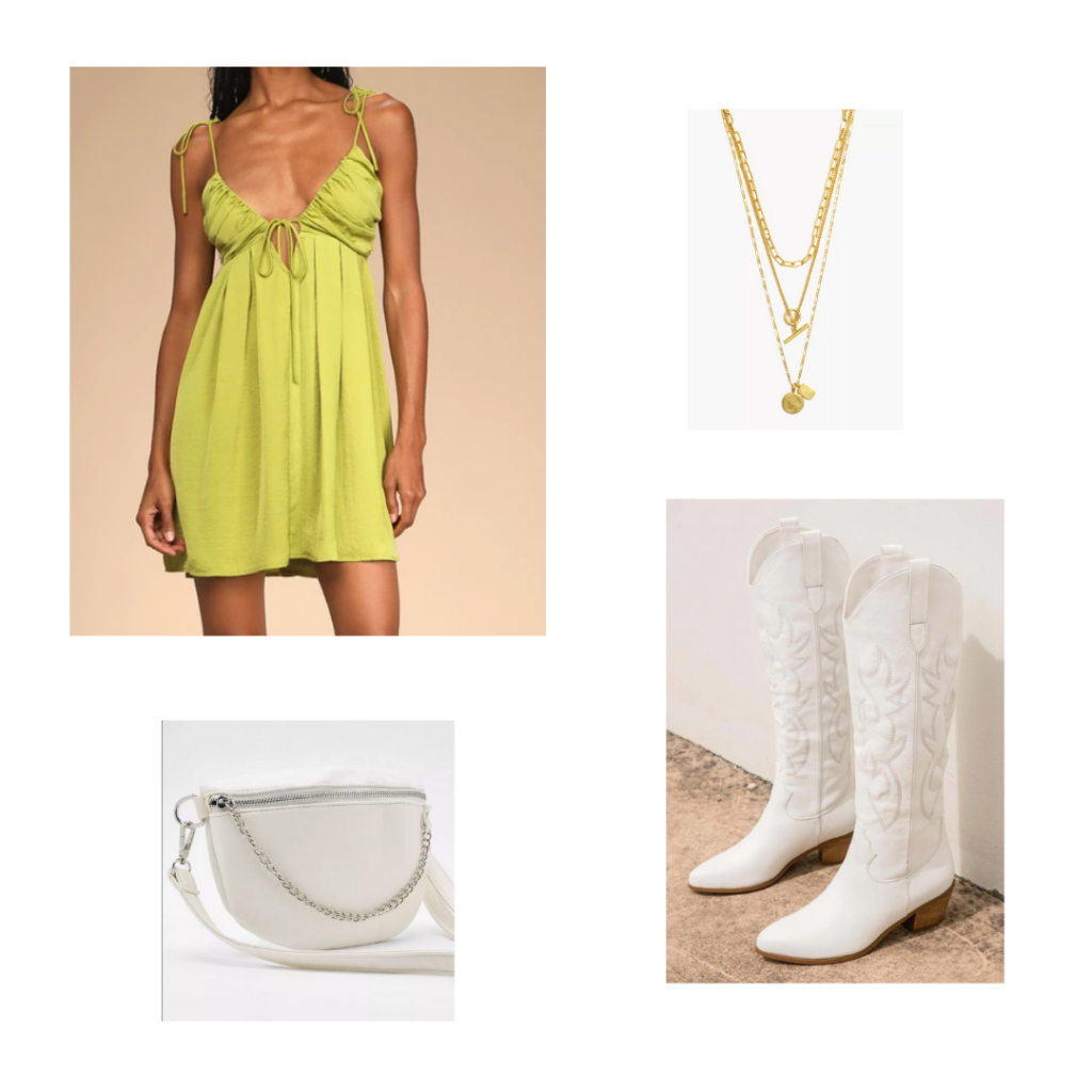 Neon dress outfit for a music festival with neon green flowy dress, cream chain crossbody bag, white cowboy boots, gold jewelry