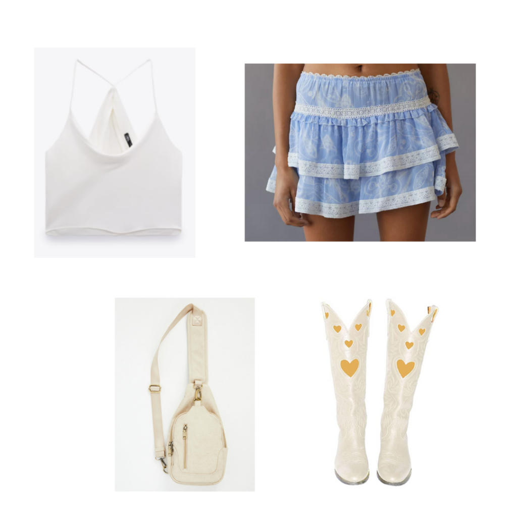 Cute music festival outfit idea with blue and white ruffle skirt, crop tank, white cowboy boots, crossbody bag