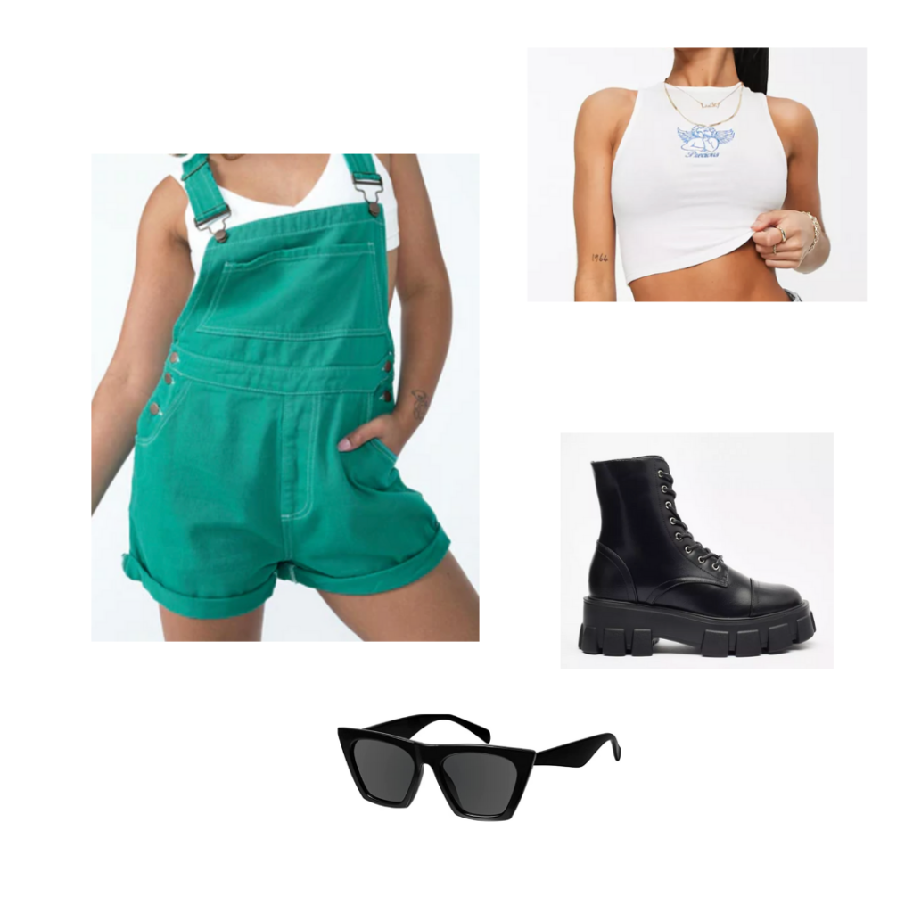 Overalls outfit for a music festival with colorful overalls, crop top, chunky combat boots, sunglasses