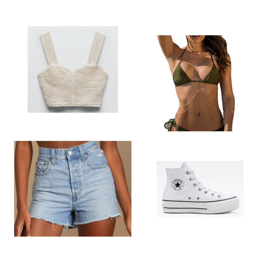 Music festival outfits for women: Outfit idea with crop top, body chain, high waisted shorts, high top converse