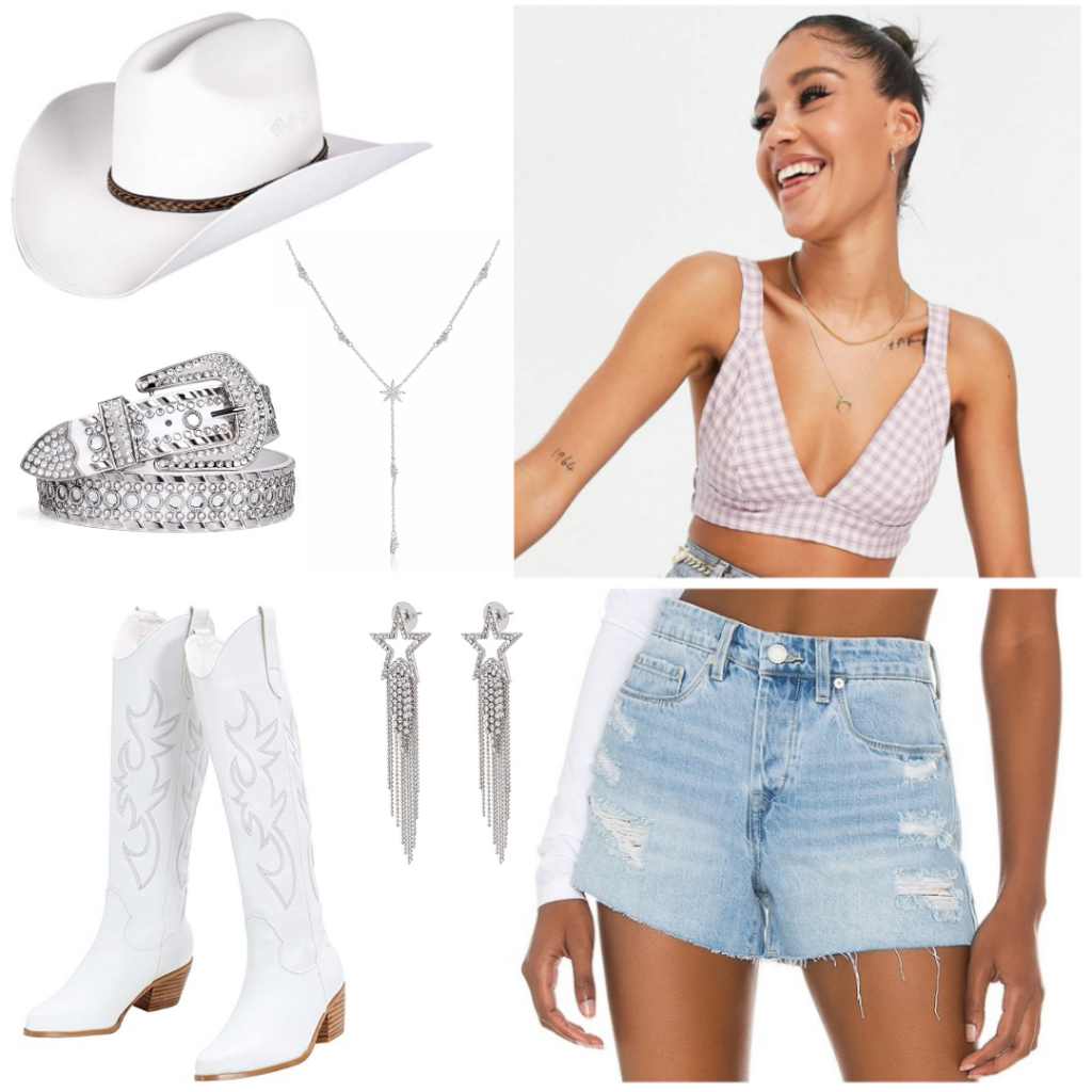Outfit idea for Nashville: Denim shorts, pink gingham crop top, white cowboy boots, white studded belt, white cowboy hat, silver star necklace and earrings