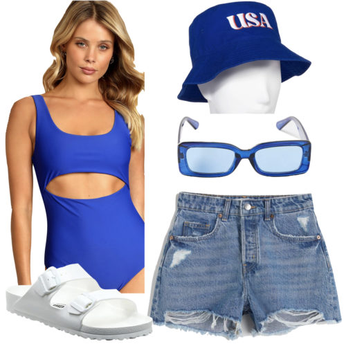 4th of July Pool Party Outfit: blue swimsuit, denim shorts, USA bucket hat, blue sunglasses, and white rubber slide sandals