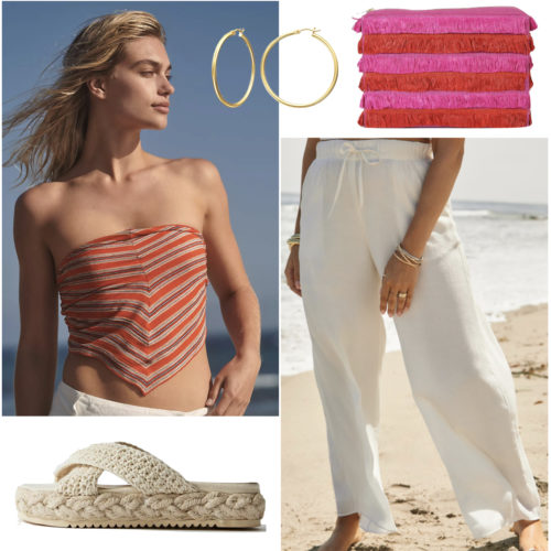 Beachy 4th of July Outfit: red striped bandana top, white flowy pants, gold hoop earrings, woven slide sandals and a pink and red fringed clutch bag