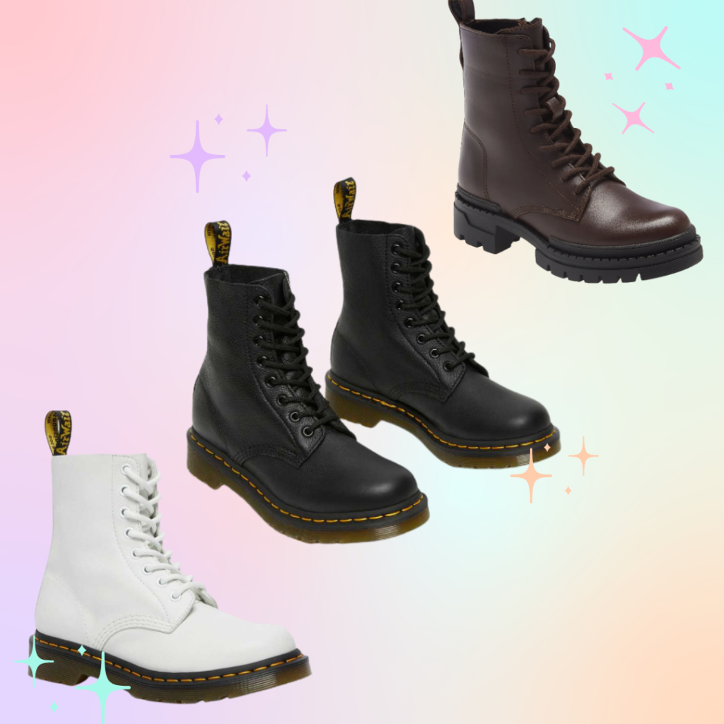 Combat boots in white, black, and dark brown