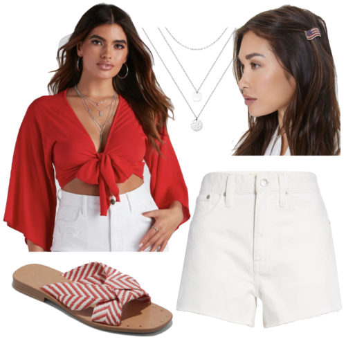 Casual Cute 4th of July outfit: red tie-front crop top, white denim shorts, American flag rhinestone hair pin, layered silver necklaces, and red and white chevron sandals