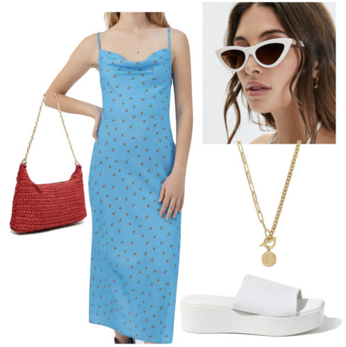 City Girl 4th of July Outfit: blue strawberry print midi dress, white cat eye sunglasses, gold pendant necklace, red straw bag and white platform slide sandals