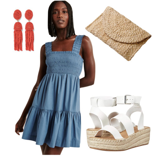 Dressy 4th of July Outfit: blue smocked mini dress, beaded red earrings, straw clutch bag, and white espadrilles sandals