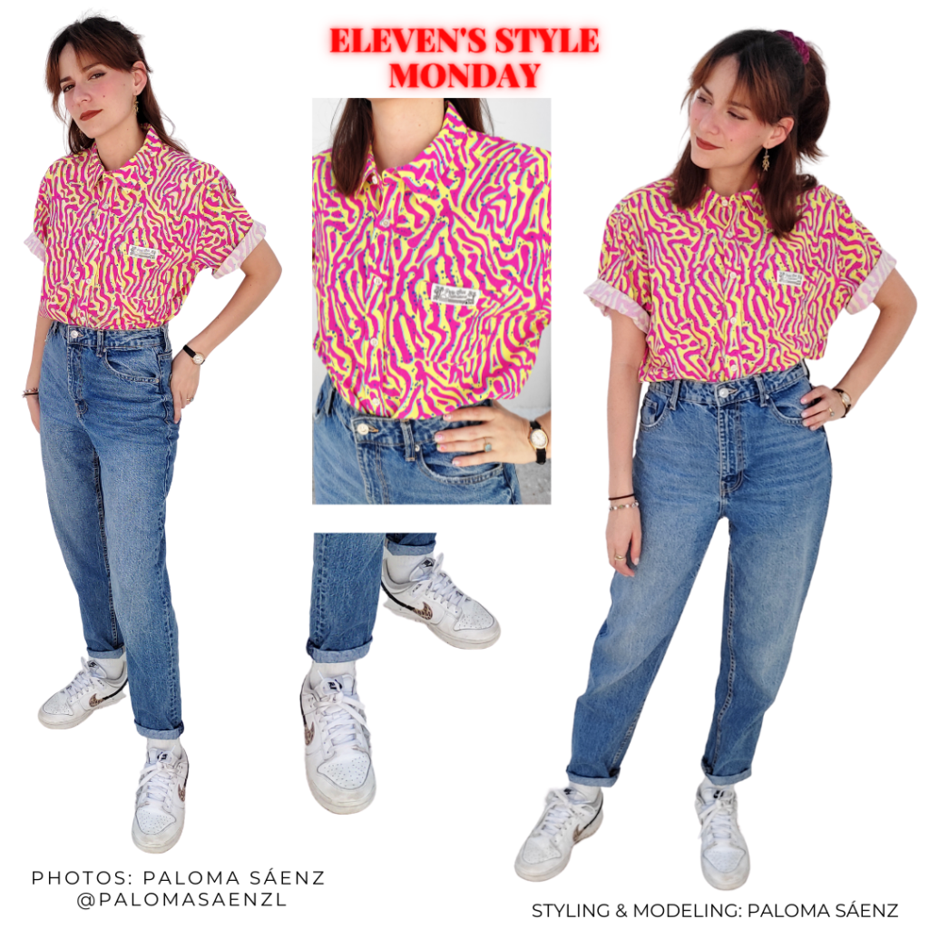 Stranger things outfit inspired by Eleven's style: Pink and yellow printed button-down shirt, Nike sneakers, high waisted mom jeans, scrunchie