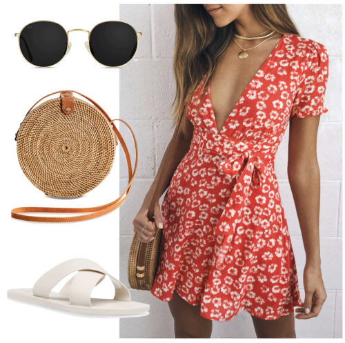 Feminine 4th of July Outfit: red and white floral mini dress, round sunglasses, straw crossbody bag and slide sandals