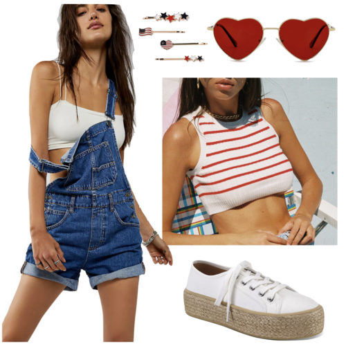 Fun 4th of July Outfit: denim shortalls, red and white striped cropped tank top, red heart sunglasses, American flag hair pins and white espadrille sneakers