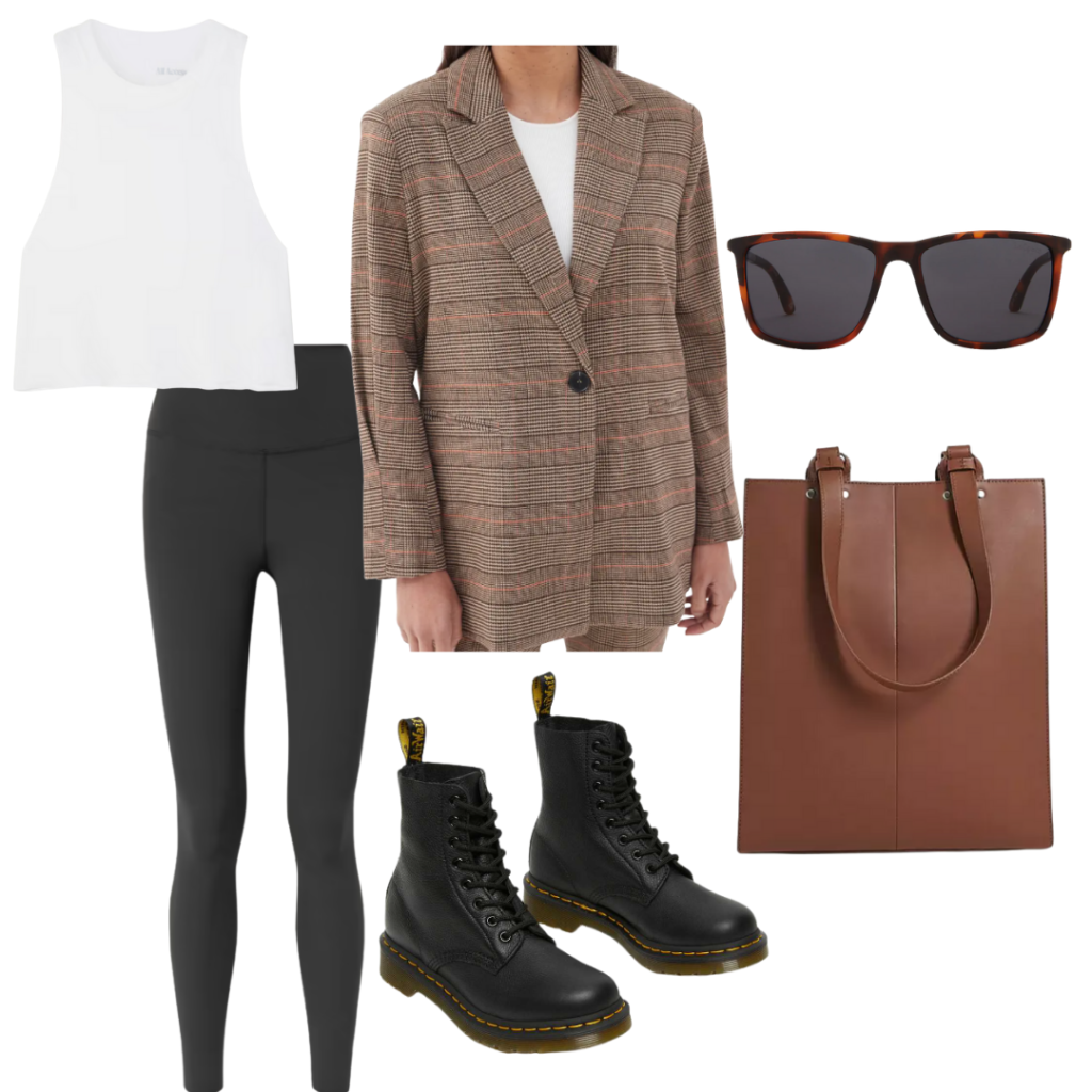 How to wear combat boots and a blazer: Outfit with black leggings, black combat boots, cropped white tank, oversized brown plaid blazer, brown purse, sunglasses