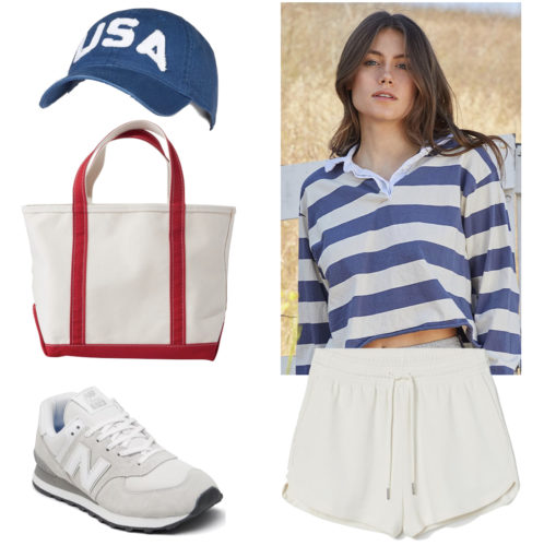 Laid Back 4th of July Outfit: striped long sleeve polo shirt, sweat shorts, USA baseball hat, red and white tote bag, and sneakers