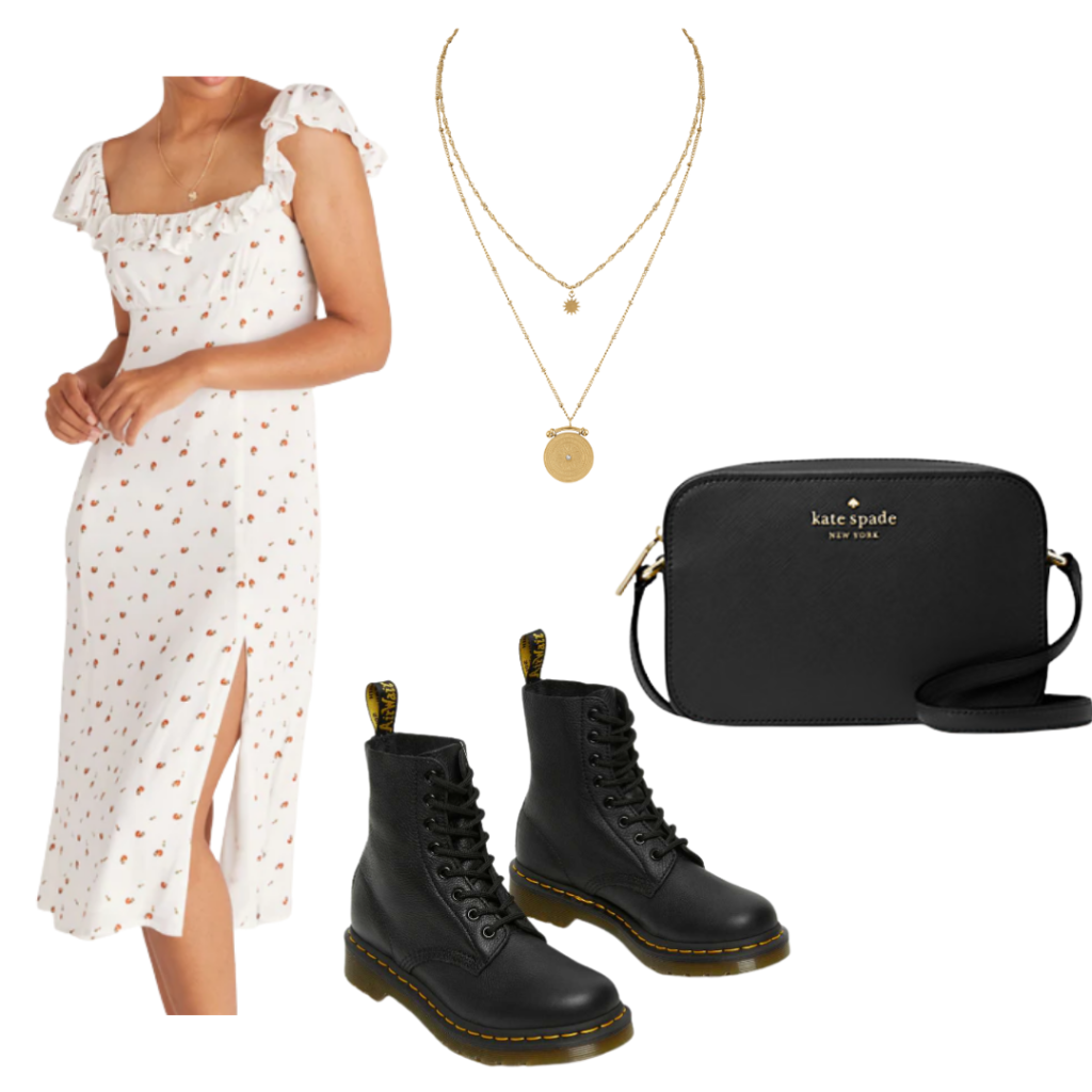 How to style combat boots with a ruffled midi dress, gold necklaces, and a black crossbody bag