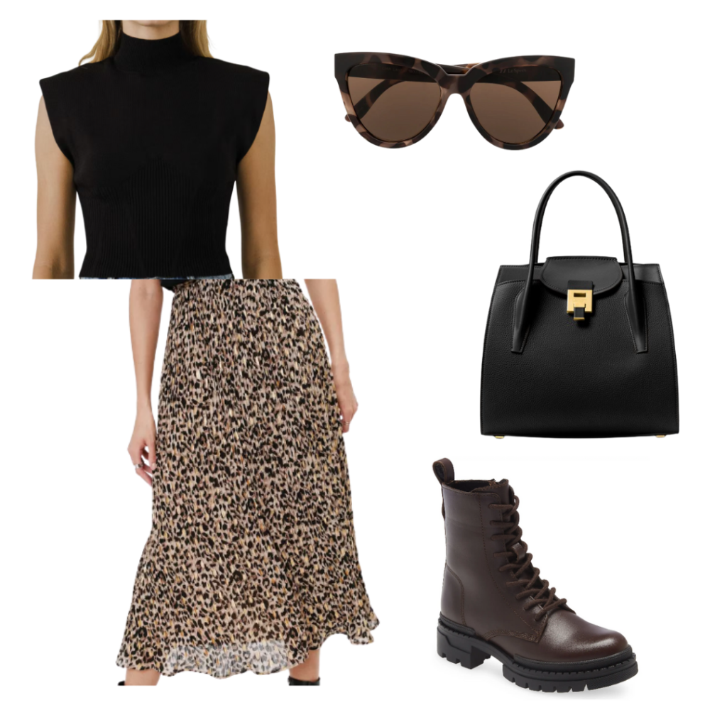 How to style combat boots with a leopard print midi skirt, sleeveless black top, oversized sunglasses, black purse