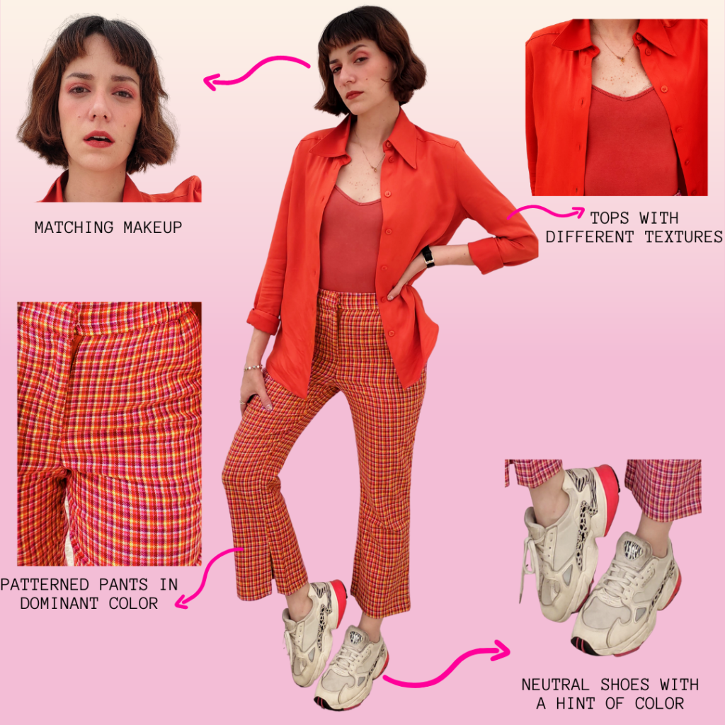 Orange monochrome outfit example: Woman wearing orange plaid pants, an orange bodysuit, orange button-down shirt worn open, and orange eye makeup