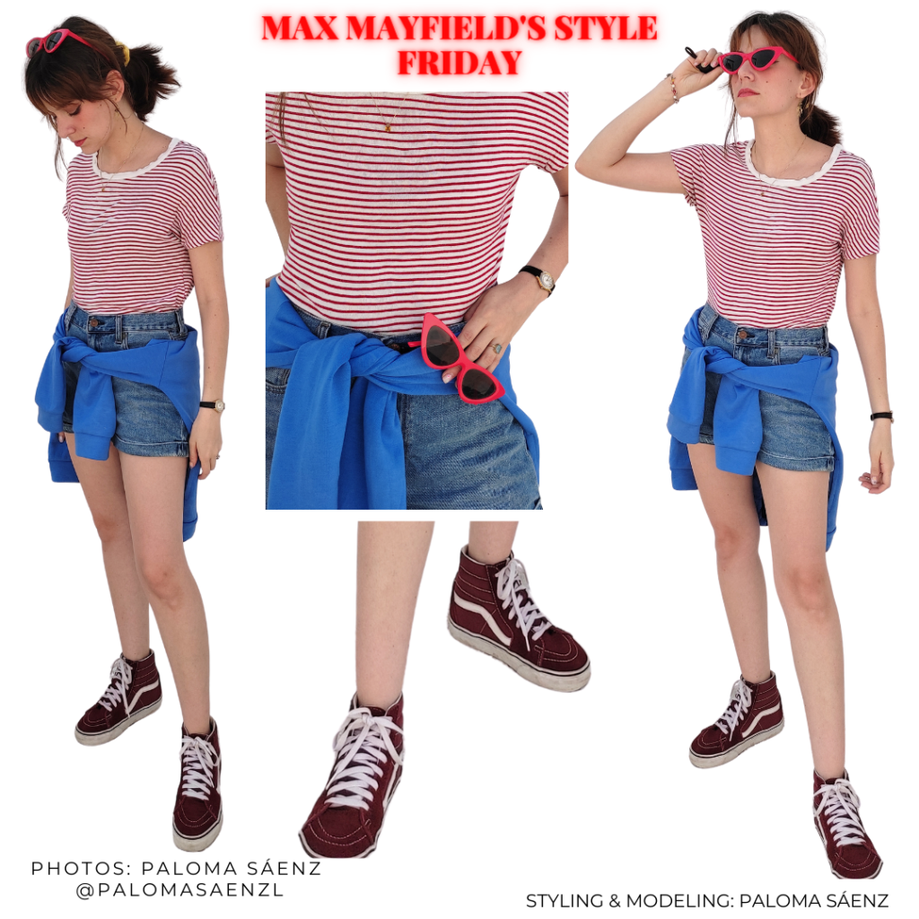 Outfit inspired by Max Mayfield from Stranger Things with red and white striped tee, jean shorts, cobalt blue sweatshirt, burgundy high-top Vans sneakers