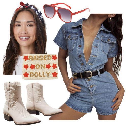 Modern Cowgirl Western-Inspired 4th of July Outfit: denim romper, American flag hair scarf, red aviator sunglasses, beaded clutch bag and cowboy ankle booties