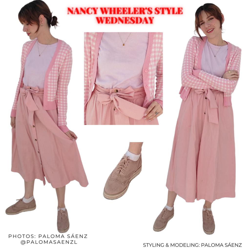 Stranger Things outfit inspired by Nancy Wheeler: Pink midi skirt, oxfords, lilac tee, gingham cardigan in pink